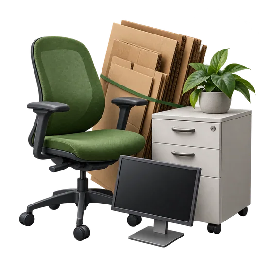 Office chair, filing cabinet, cardboard and monitor representing commercial clearance