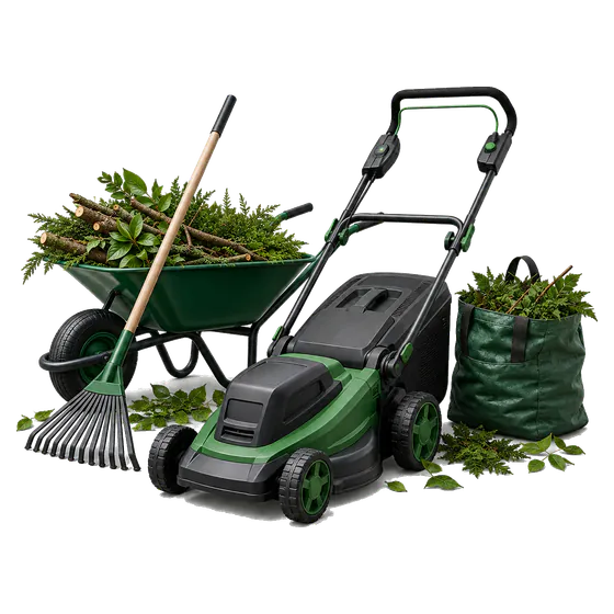 Lawnmower, wheelbarrow, rake, branches and garden waste bag representing gardening services