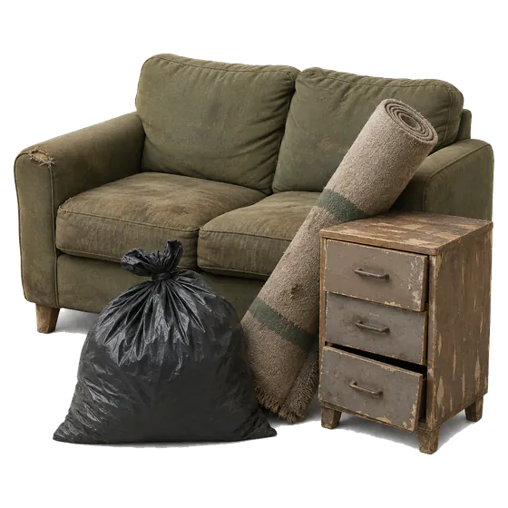 Worn sofa, frayed carpet, battered drawers and a rubbish bag ready for residential clearance